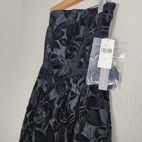 NEW Maeve Anthropologie Jonquil Black Floral Velvet Strapless Midi Dress - Picture 7 of 16